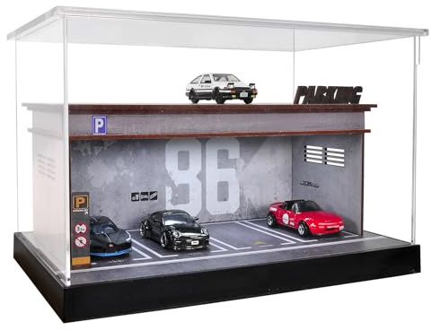 cxiiuui Display Case 1/64 Scale Diecast Parking Garage Moldel 2-Tires LED Light Model Car Show Case 7 Parking Spaces with Full Acrylic Cover Grey