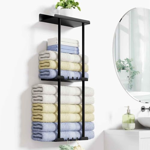 Toallero de Pared Sin Taladrar para Baño - Color Negro Mate Con 6 Ganchos y Barandilla - Para Cocina e Invitados