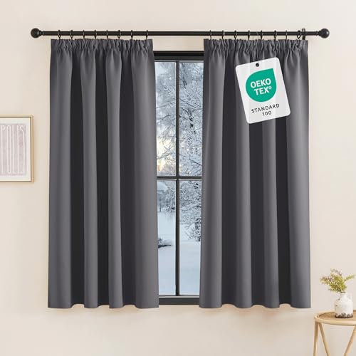 KGORGE Fenster Vorhänge Kurz Blickdicht Schlafzimmer 2er Set 145 x 140 cm(HxB) Grau Thermovorhang Kälteschutz Verdunkelung Gardinen mit Kräuselband für Schiene