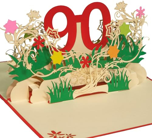 LINPOPUP®, Pop-Up Karte Geburtstag 90, Geburtstagskarte zum 90. Pop Up Grußkarten, 3D Karte Grußkarte, Geburtstagskarten mit Umschlag für Frauen Mädchen Männer Freunde Geschenk-Karte, 90, N328