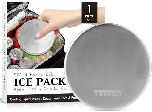 Tuffen Small Ice Packs for Lunch Boxes, Stainless Steel Round Cold Packs for Cooler, Reusable Long Lasting Freezer Packs, Multi Use Cooler Accessories for Camping and Pain Relief (1 Pack)