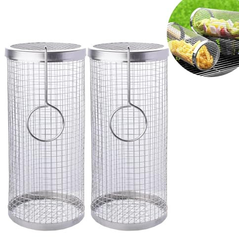 2pcs Rolling Grill Baskets, Stainless Steel Rolling BBQ Basket with Hook, Cylindrical BBQ Vegetable Rolling Grilling Net, BBQ Accessories Tools For Camping Outdoor Grilling Meat Fish Vegetables