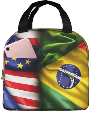 MyPiky Lonchera portátil con estampado de banderas estadounidenses y brasileñas, reutilizable, aislada, para mujeres, trabajo, picnic, viajes, color negro