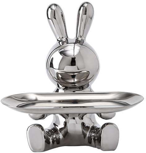 Key Tray for Entryway Table 7x7.3 Inch Ceramic Rabbit Statue with Tray Ceramic Bunny Statue Candy Dish Rabbit Tray Storage Ornament Entryway Bowl for Keys
