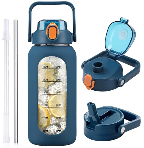 HYDRAGLAZIC 2L Glaswasserflasche mit 2 Deckeln Umdrehen und tuckern Deckel 2 Liter Groß Wasserkrug mit Zeitmarkierung und Silikonhülle BPA-frei Auslaufsicher für Sport Gym, Dunkelblau