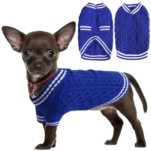 LiebeDD XS hundtröja, V-ringad stickad hundtröja med långa ärmar vintervarma tröjor för valp små medelstora och stora hundar, för Minpin, Yorkshire terrier, chihuahua, korv, blå