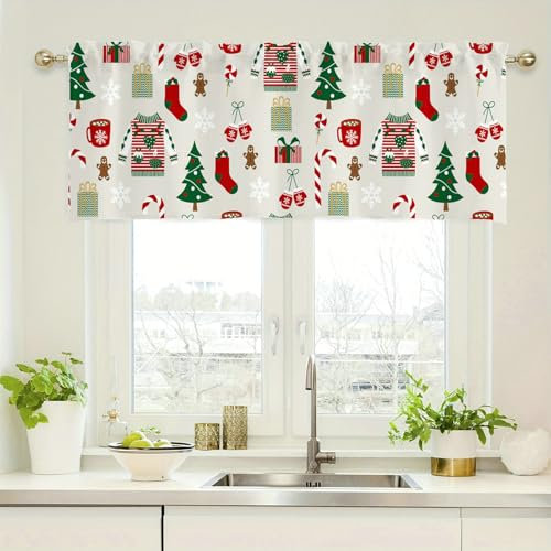 Daesar Vorhang Kurz Blickdicht 152x45CM, Scheibengardine Bistrogardine Bedruckt Weihnachten Muster Küchengardine Stangendurchzug, Rot Grün Weiß 1 Stück