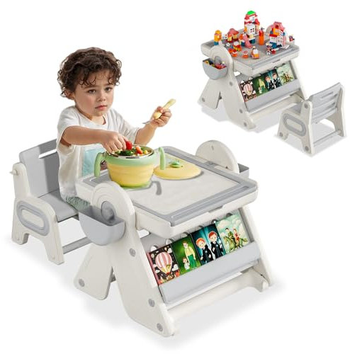 YUENFONG 3 in 1 Kinder Sitzgruppe, Kindertisch mit Stuhl mit Aufbewahrungsboxen, Spieltisch Multifunktionales Neigbar Kindermöbelset für Kinder ab 1 Jahren, Cremegrau + Khakibraun