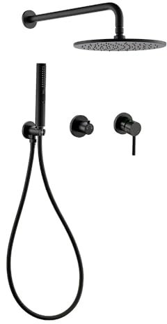 Doccetta a pioggia in ottone nero, set da bagno con miscelatore per doccia integrato, deviatore e supporto per uscita dell'acqua da 20,3 cm