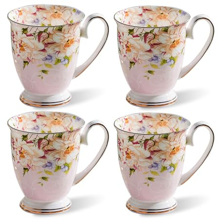 MIATTCLD 4 Piece Porcelain Coffee Mugs Set - Bone China Floral Coffee Tea Water Cup and Hot Chocolate Cups - Great Gift for Lovers - 11 oz/312 ml (Pink)