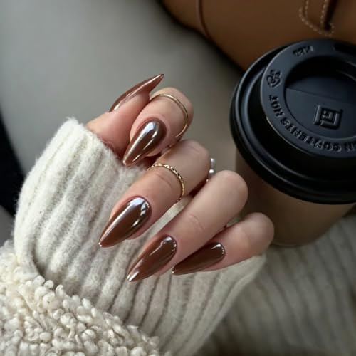 KQueenest Chrome Press On Nails - Glitzer Braun Nägel zum Aufkleben Mittel Mandel, Sparkle Bling Fake Nails Künstliche Fingernägel zum aufkleben, Glasiert Acryl Nägel für Frauen, 24 Stück