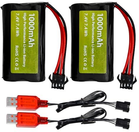 ZYGY 2PCS 7.4V 2S 1000mAh Li-ion Batterie+SM-4P Stecker mit USB Ladekabel für M416 elektrische Gel Spielzeugpistole, EC16 DE85 RC Fernbedienung Spielzeugauto