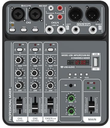 Luwecf Carte de mélange de mixage sonore à 4 canaux Compact 4 Entrées Séprétien de l'écran numérique Système de sonore Sons Boîte de mélangeur pour