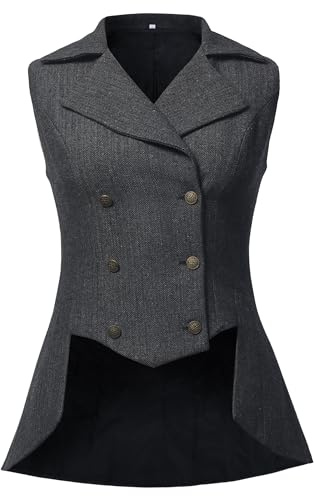 UniqKaliber Gilet vittoriano da donna, stile anni '20, stile rinascimentale, in tweed, stile gotico, steampunk, giacca top, Grigio scuro, S