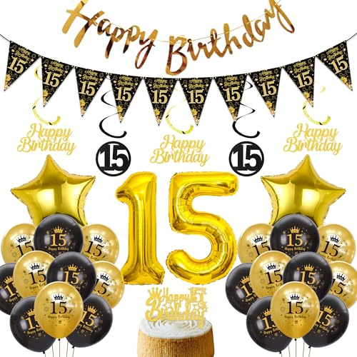 Xietaea Deko 15 Geburtstag Jungen Mädchen - Schwarz Gold Luftballons Happy Birthday Girlande Tortendeko, XXL Zahlenballon Hängende Spiralen und Wimpel für 15 Jahre Geburtstagsdeko