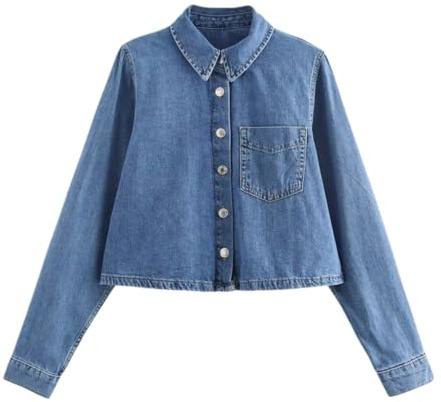 Camisa vaquera corta para mujer, con solapa, manga larga, botones, color liso, blusa casual, azul, M