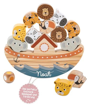 wunderwunsch small Foot Balancierspiel Arche Safari personalisiert, Motorikspiel für Kinder, Motorikspielzeug aus Holz, inkl. Würfel, ab 3 Jahren (mit Name)