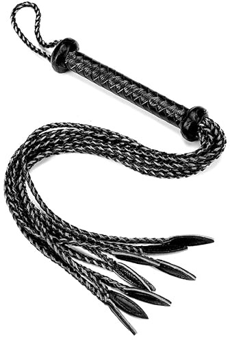 Tryolove Lederpeitsche Cat-O '- Nine Tails Whip | 23cm Griff und 59cm Riemen | Handgefertigte fortgeschrittene Pferdeausrüstung Peitsche Ausbildung Reitpeitsche (Black Nine Tails XL) (All Black)