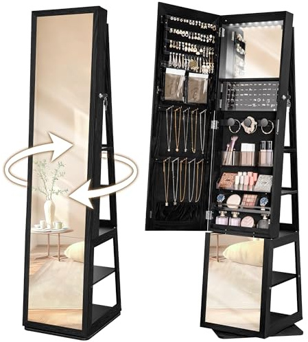 Hzuaneri 16 LEDs Jewelry Cabinet Armoire, Standing Jewelry Organizer with 360° Rotating Base, Lockable Full-length Mirror, 5-tier Storage Shelves, 4-in-1 Design, 61.5 H, Black JC15904B