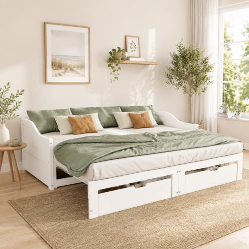 KeepGoon Sofá cama extensible 90/180 x 200 cm, cama de matrimonio, individual con extraíbles, con cajones, somier de láminas, madera maciza, sin colchón