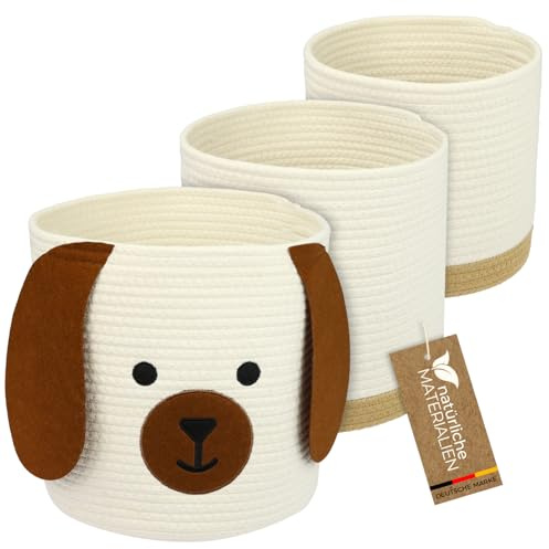 HMF Aufbewahrungskorb mit versteckten Griffen, 3er Set, Korb für Kinderzimmer aus Baumwolle | Hund | Groß, Mittel, Klein