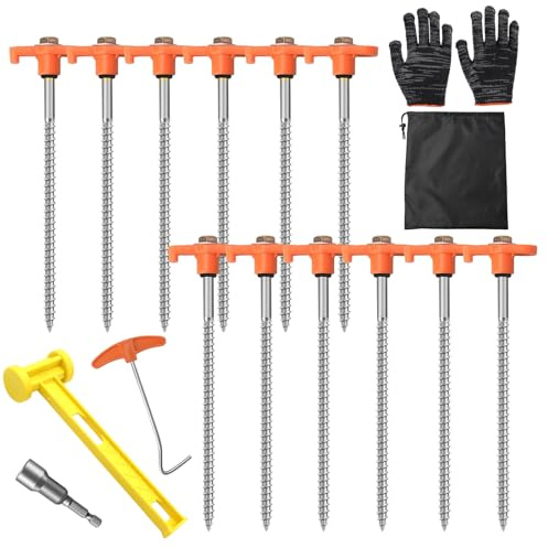 Xerteam 12 Pack Heavy Duty Metal Tent Pegs, Ground Pegs Camping Pegs Set with Tent Pegs Adapter Nail Puller Storage bag Hammer Glove for Hard Lands Garden Canopies Lawns & Outdoor