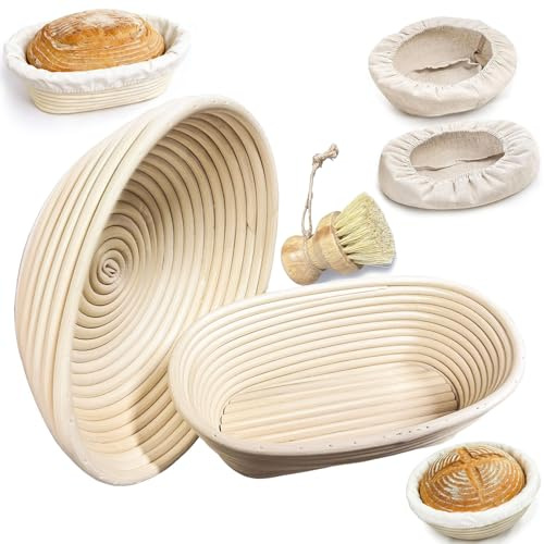 QQdou Bread Proofing Basket, 2PCS Sourdough Banneton Proving Baskets, 10 Inch Round & 10 Inch Oval Baking Tool Bowl, with Linen Cloth Liner, Home & Professional Bakers, Bread Making