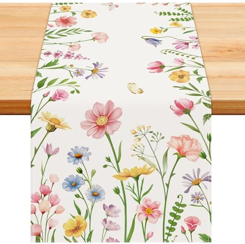 Tischläufer Frühling Blumen 33x183cm, Tischläufer Modern Bunt mit Schmetterling, Leinenoptik Wiesenblumen Deko für Ostern & Küche, Waschbarer Tischläufer Grün für Esszimmer