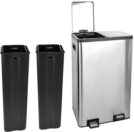 SVITA TMH2X30 Mülleimer 60L Mülltrennsystem 2 Fächer 2x15L Softclose-Deckel Pedal versteckbar Kunststoff Inneneimer | Edelstahl Silber