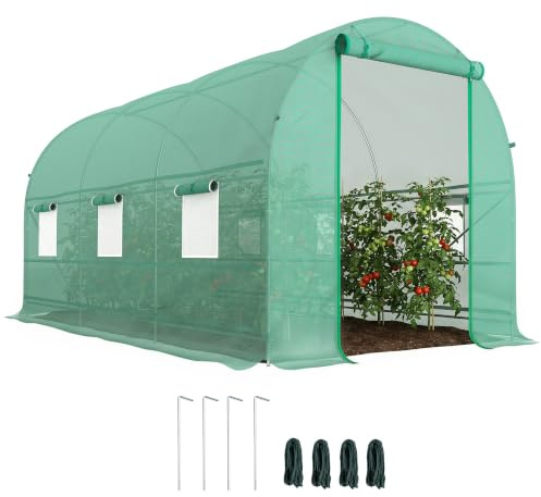 Outsunny Serre Tunnel de Jardin 8m² Porte 6 Fenêtres 400x200x200cm Vert | Serre de Jardin Tunnel, Toutes Saisons, Légumes Fruits Fleurs, Bâche PE Haute Densité 140 g/m²