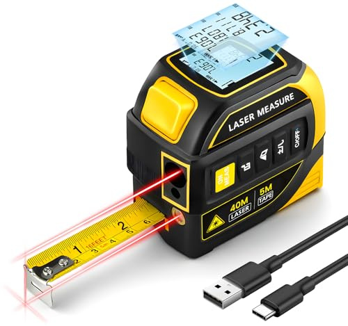 4-in-1 Laser Tape Measure with Laser Level Crosshairs, 16FT/5m AutoLock Measuring Tape, Digital Laser Measure130FT/40m, Measurement Tool with Backlit LCD Display, for DIY, Construction Projects