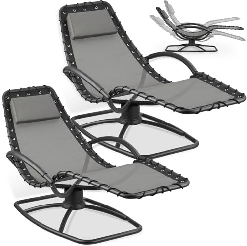 tectake® Set da 2 lettino prendisole ergonomico da giardino, sedia a sdraio reclinabile, poltrona a dondolo da esterno, lettino relax con poggiatesta, textilene traspirante, terrazzo, balcone - Grigio