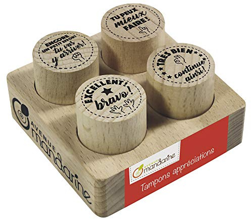 Avenue Mandarine CO157C - Set mit 4 Stempeln (ohne Stempelkissen), damit können Eltern und Lehrer die Arbeit der Kinder mit witzigen Sprüchen oder Motiven bewerten, auf Französisch, 1 Set