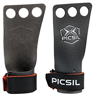 PICSIL RX Hand Grips – Profi 3‑Loch‑Griffpolster aus Carbonfaser in Profi‑Qualität, Chalk‑kompatibel, Handschutz für Calisthenics, Krafttraining & Gymnastik (Orange, L)