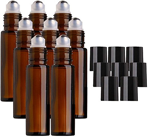MINGZE 8 Stück 10ml Glasflaschen Glasroller für ätherische Öle Braunglasflaschen, Bernstein Glas Rolle Flaschen mit Edelstahl Metall Ball, Aromatherapie Parfum, Roller Ball Flasche für Flüssigkeit