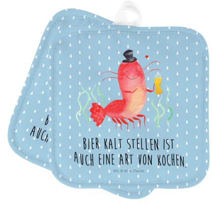 Mr. & Mrs. Panda Topflappen Hummer Weizen - Geschenk, Topflappen mit Spruch, Ofenhandschuhe, Topfuntersetzer, Garnele, Meer, Meerestiere,