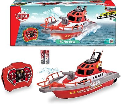 Dickie Toys 201107000 Feuerwehrboot, ferngesteuertes Boot mit Funksteuerung, Feuerwehr, Wasserspritzfunktion, 3 Kanäle, 27 MHz, USB-Aufladung, Geschwindigkeit max 3 km/h, für Kinder ab 6 Jahren