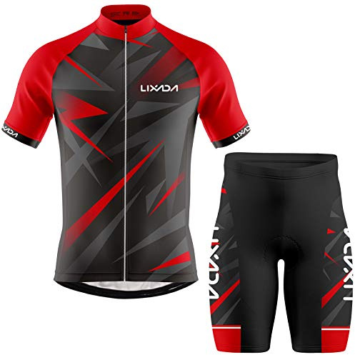 LIXADA Hommes Maillot de Cyclisme Chemise de Vélo à Manches Courtes Respirant et Shorts Rembourrés VTT Vêtements de Vélo Costume Vert/Rouge S-XXL