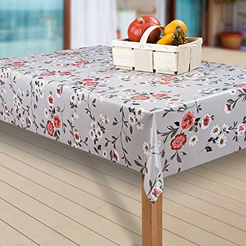 laro Wachstuch-Tischdecke Abwaschbar Garten-Tischdecke Wachstischdecke PVC Plastik-Tischdecken Eckig Meterware Wasserabweisend Abwischbar, Muster:Blumen Grau. Rot. Weiß, Größe:80-120 cm