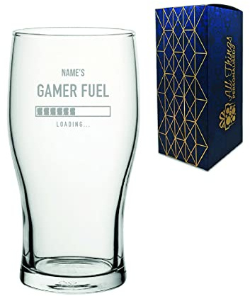 Personalised Engraved Pint Glass Name's Gamer Fuel Design, Gift Boxed, Personalise with Any Name for Any Gamer