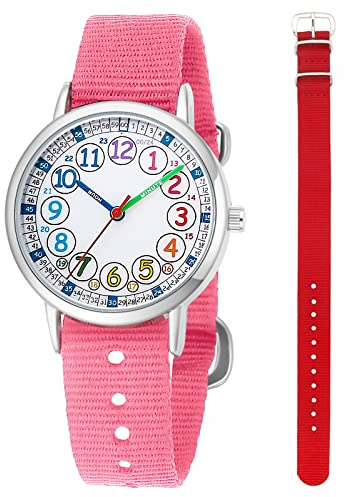 gedaer Kids Analog Quartz Wrist Watch Girls Boys Learning Watch 2pcs Change Interchangeable Textile Strap,Learning Read Time (Pink+red)