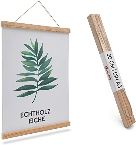 LIKARTO® Posterleiste Holz Eiche A3, 30 cm, magnetisch, mit Lederband | Echtholz Eiche, starke Magnete, inkl. Lederband, wiederverwendbar, Alternative zum Bilderrahmen