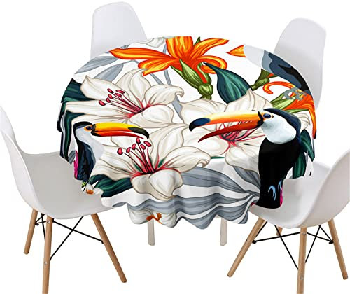 Highdi 3D Tukan Druck Rund Tischdecke Abwaschbar, Wasserdicht Lotuseffekt Antifouling Rund Tischdecken Polyester Tischtuch für Home Küche Dekoration Garten (Durchmesser 160cm,Weiße Lilie)