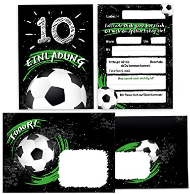 Junapack 12 Einladungskarten incl. 12 Umschläge zum 10. Kindergeburtstag zehnte Geburtstag Jungen Fussball Fußball