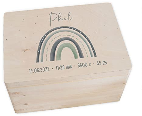 hellomini Personalisierte Erinnerungsbox Baby - Erinnerungskiste mit Namen aus Holz - Geschenk zur Geburt für Mädchen & Jungen - Babygeschenke (Regenb. blau, L: 40x30x23cm)