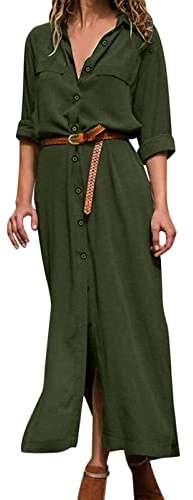 Sutelang Lurryly Chemise Femme Col en V Divisée en Deux avec Ceinture Longue pour Femme Manches Retroussées Bouton A-Linen Robe Elégant Simple (Vert, M)