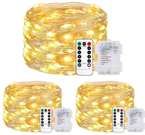 litogo 3 Stück Lichterkette Batterie, 5M 50 LED Lichterkette Batterie mit Timer & Fernbedienung 8 Modi Wasserdicht Warmweiß Lichterketten Draht für Innen/Außen Weihnachten Garten Party Hochzeit Deko