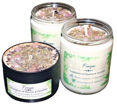 BlkGrlMagick Freya Norse Goddess Crystal Candle, Moonflower Nectar Scented Candle with Rose Quartz, Moonstone, and Dried Strawberry Leaf, Deity Confirmation Candles, Handmade Altar Decor (8oz Jar)