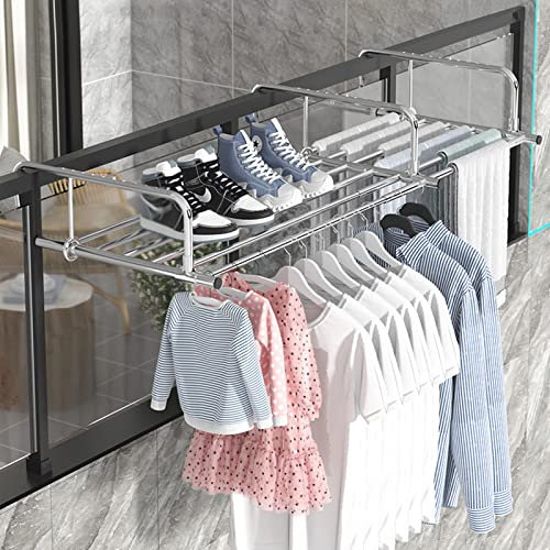 Wäschetrockner Edelstahl Wäscheständer , Balkonwäschetrockner Ausziehbar Wäschehänger Balkon Hängewäschetrockner Klappbar Heizkörpertrockner Für Socken,Ausziehbar Wäscheständer,Schuhregal, Silber Heiz