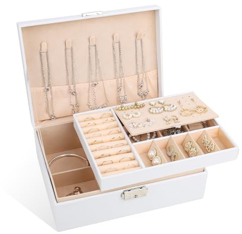 bssmmai Schmuckkästchen für Damen Mädchen, 2-schichtige Schmuckschatulle, Schmuckkästchen Groß, Schmuckaufbewahrung,PU-Leder Schmuckkasten für Ringe Ohrringe Halsketten Armbänder, Weiß